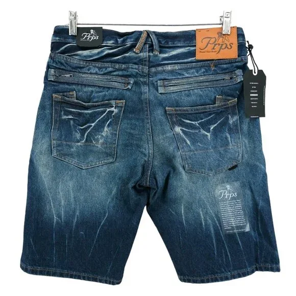 NWT PRPS Challenger Denim Shorts Indigo Blue Straight Leg Distressed Size 29